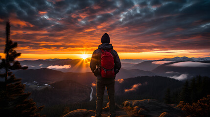 Obraz premium arafed man standing on a mountain top looking at the sunset Generative AI