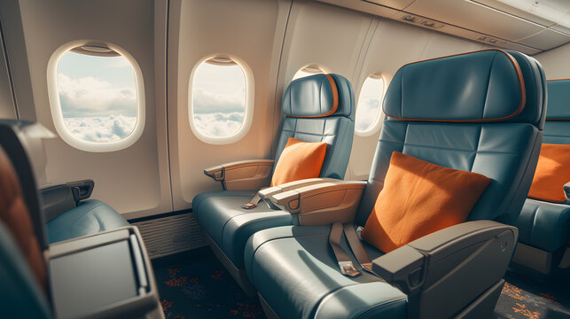 there are two seats in the airplane with orange pillows Generative AI