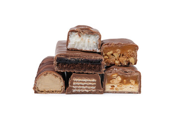 Pieces of different tasty chocolate bars on white background