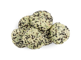 Vegan cutlets with sesame seeds isolated on white, top view