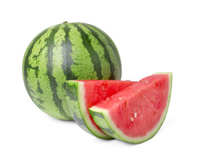 Delicious cut and whole ripe watermelons on white background