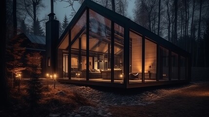 Modern exterior of a luxury villa in mountain. Created with Generative AI technology.