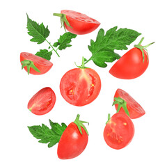 Many fresh ripe tomatoes and green leaves falling on white background