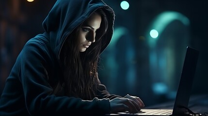 A hooded person using a laptop representing cyber security or a hacker. Generative AI.  - obrazy, fototapety, plakaty
