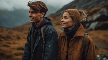 Smiling couple walk outside in mountains. Created with Generative AI technology.