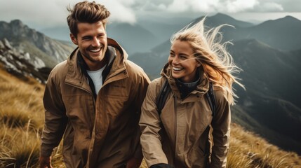 Smiling couple walk outside in mountains. Created with Generative AI technology.