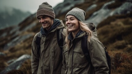 Fototapeta premium Smiling couple walk outside in mountains. Created with Generative AI technology.