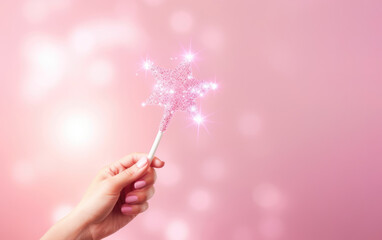 Sparkling magic wizard wand star shape on pink background Generative AI