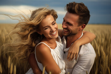 Obraz premium Beautiful young happy couple in the wheat field Generative AI