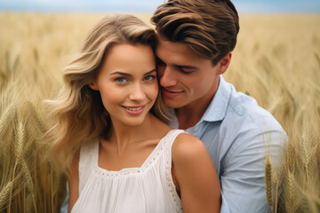 Beautiful young happy couple in the wheat field Generative AI