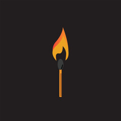 illustration of a wooden match with a burning fire on a black background