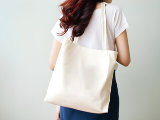 Woman holding white blank tote bag for mockup template. Design tote bag mock-up, print presentation mock-up. AI generated.