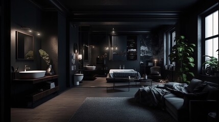 Dark kitchen interior design. Created with Generative AI technology.