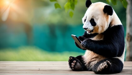 Happy smiling panda with mobile phone - portrait of bear posing and looking directly into camera on isolated yellow background