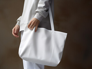 Man holding white blank tote bag for mockup template. Design tote bag mock-up, print presentation mock-up. AI generated.