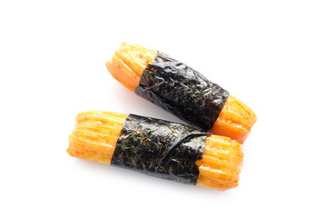 Crispy rice cakes wrapped in seaweed on white background. Nori maki rice crackers. snack food populare tea time snack in Japan.