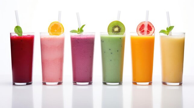 Assorted fruit juices or smoothies on white background