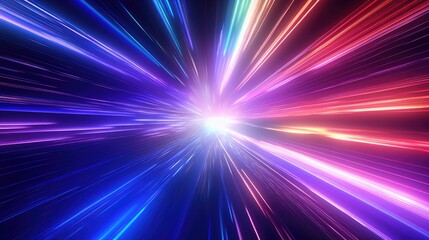 A 3D render of a rainbow-colored hyperspace tunnel, showcasing vibrant lights and laser beams. The...