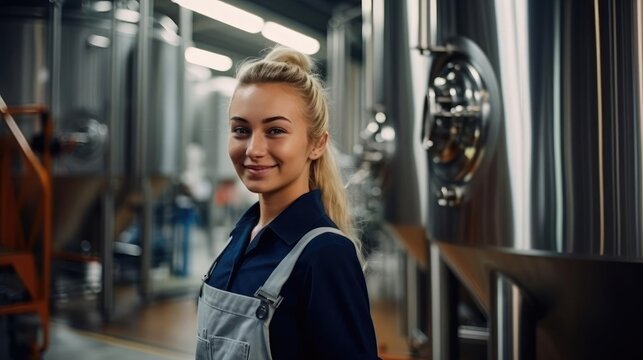 Brewery worker. Young blonde woman working in modern beer production factory 