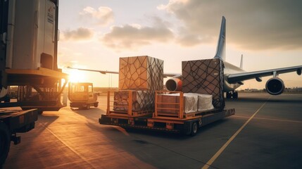 Commercial cargo air freight airplane loaded at airport in the evening