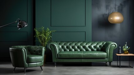 Living room with green leather sofa and chair