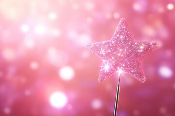 Sparkling magic wizard wand star shape on pink background Generative AI