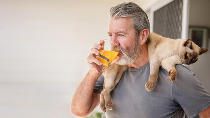 Mature handsome bearded man drinking orange juice or vitamin drink