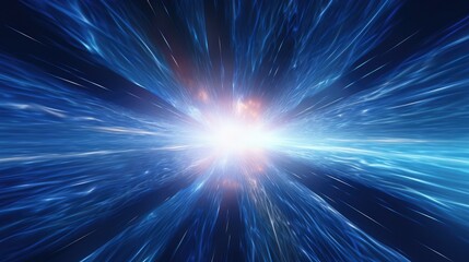 A 3D render of an irregularly shaped hyperspace tunnel, radiating energy and light. Bright stars illuminate the blue explosion, creating a futuristic concept of contorted space