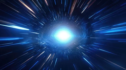 Abwaschbare Fototapete Fraktale Wellen A 3D render of an irregularly shaped hyperspace tunnel, radiating energy and light. Bright stars illuminate the blue explosion, creating a futuristic concept of contorted space