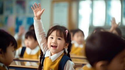 small girl kid in school classroom raising hand up to answer teacher