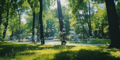 illustration of soap bubbles on the background of trees in the park, generative AI
