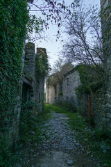 Fototapeta na wymiar Small street of abandoned ruins of village Janovas in the Pyrenees mountains, Aragon, Huesca, Spain