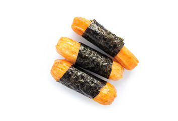 Crispy rice cakes wrapped in seaweed on white background. Nori maki rice crackers. snack food populare tea time snack in Japan.