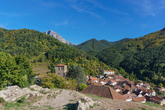 view over pyrenees mountain town of Isaba with landscape, Roncal Valley, Navarra, Spain