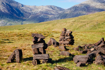 Peat blocks, in a traditional peat bog, on the coast of Ireland