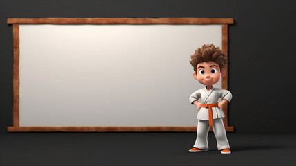 Karate sensei character with blackboard, chalkboard isolated background with copy space, 3D rendering