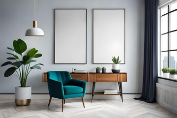 Two poster mock up of home interior with vertical metal frame, potted plant and lamp on white wall background. Modern living room