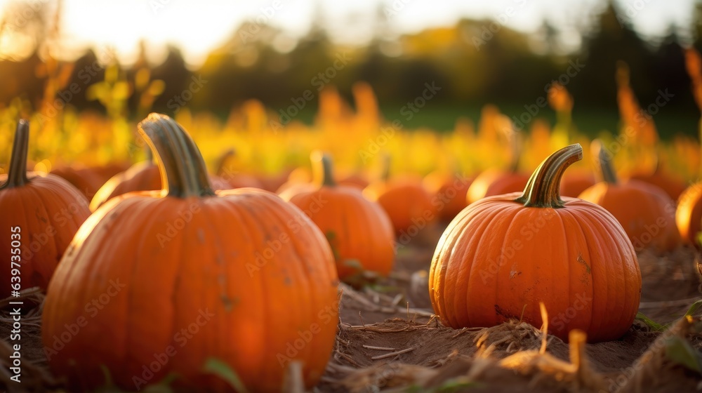 Sticker A field of orange pumpkins sitting on top of dry grass. Generative AI.