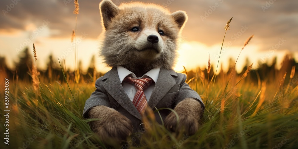 Poster a bear dressed in a suit sitting in a field. generative ai.