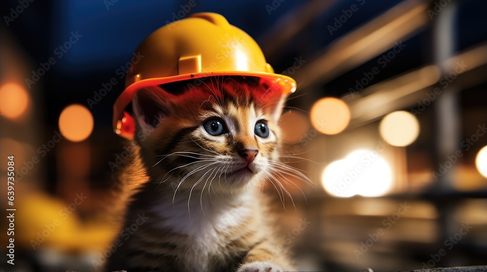 Canvas Prints A small kitten wearing a construction hat. Generative AI.