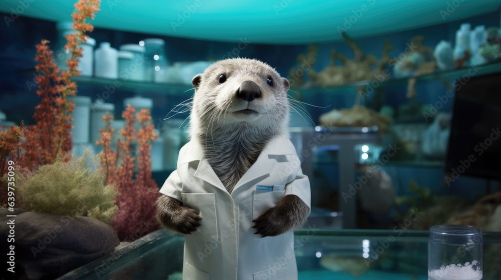 Aufkleber an otter in a lab coat standing in front of an aquarium. generative ai.