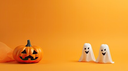 halloween background with pumpkins and with orange background and space for text