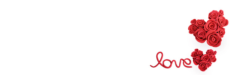 Web banner with Red rose flowers made from plasticine on white background. Happy Valentine's Day concept.Place for text, banner concept and design for long web banner.