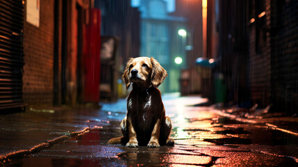雨が降る中路地裏に佇む孤独な犬 - obrazy, fototapety, plakaty