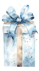 blue christmas gift box with silver ribbon, artistic watercolor illustration, isolated on white background