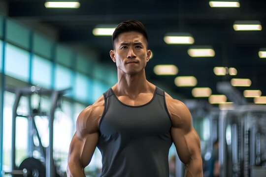 Confident muscular Asian male fitness coach in a gym background, professional trainer, Horizontal format 3:2