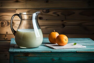 still life with jug of milk on wooden table  GENERATIVE AI - obrazy, fototapety, plakaty