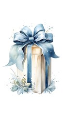 blue christmas gift box with silver ribbon, artistic watercolor illustration, isolated on white background