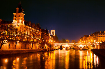 River Seine and Pont Michel at night, Paris, France