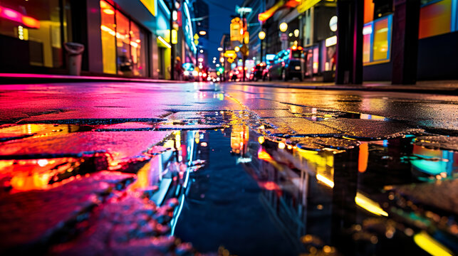 街のネオンの光が反射する雨に濡れた道